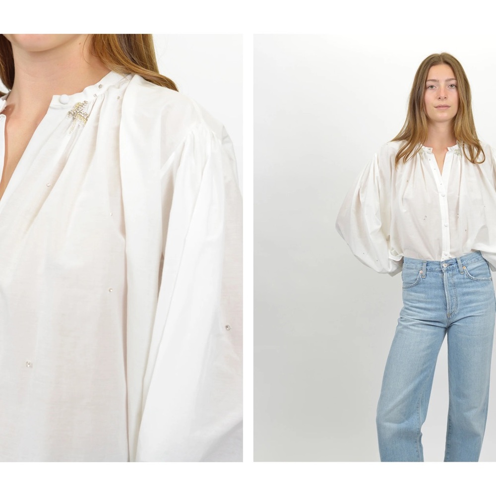 White Balloon-Sleeve Button-Front Blouse with Subtle Bead Accents